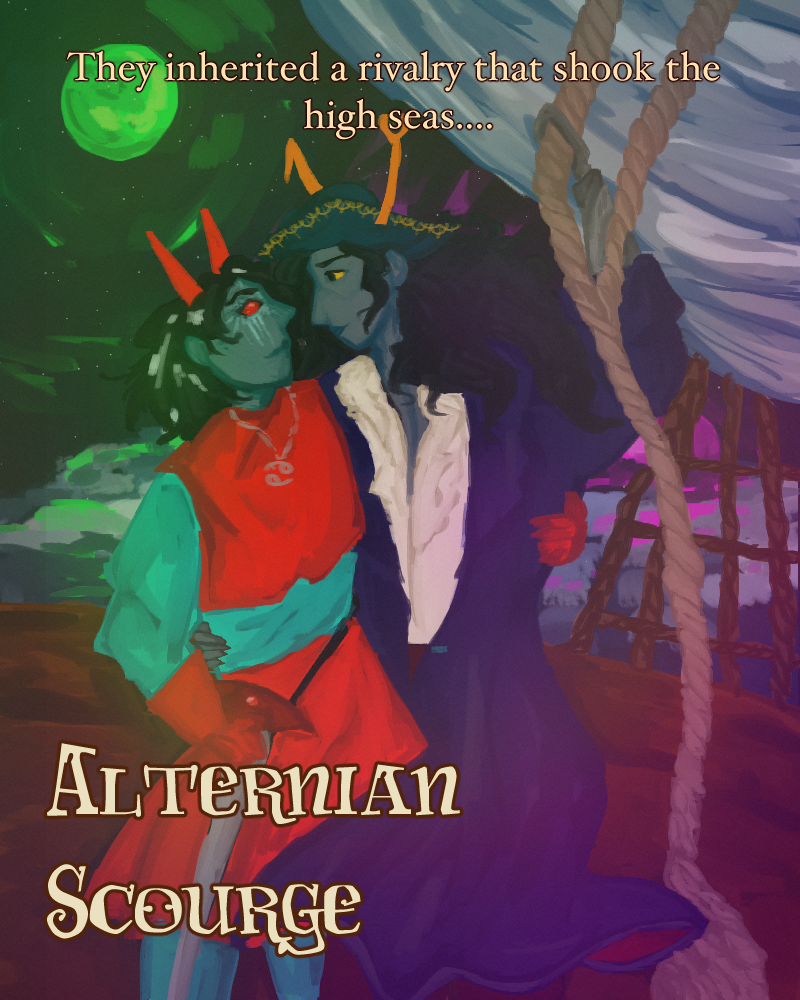 Vriska and Terezi stand on the desk of a ship, illustrated in the style of a goofy Earth romance novel. The accompanying text reads 'Alternian Scourge.' and 'They inherited a rivalry that shook the high seas.'